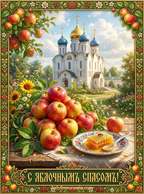 Поздравительная открытка с Яблочным Спасом, картинка с яблоками и медовыми сотами, храмом и надписью на старославянском