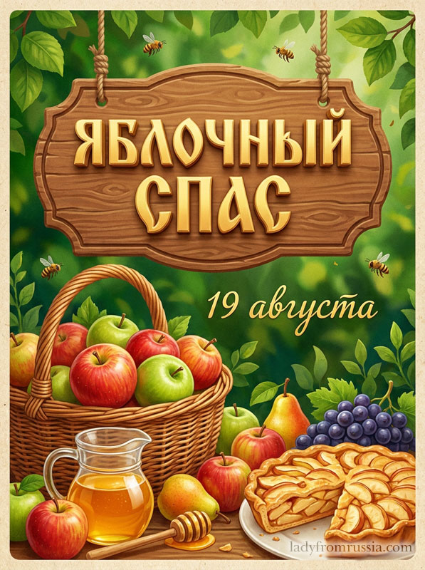 С Яблочным Спасом красивая открытка скачать бесплатно, картинка с яблоками, медом и яблочным пирогом