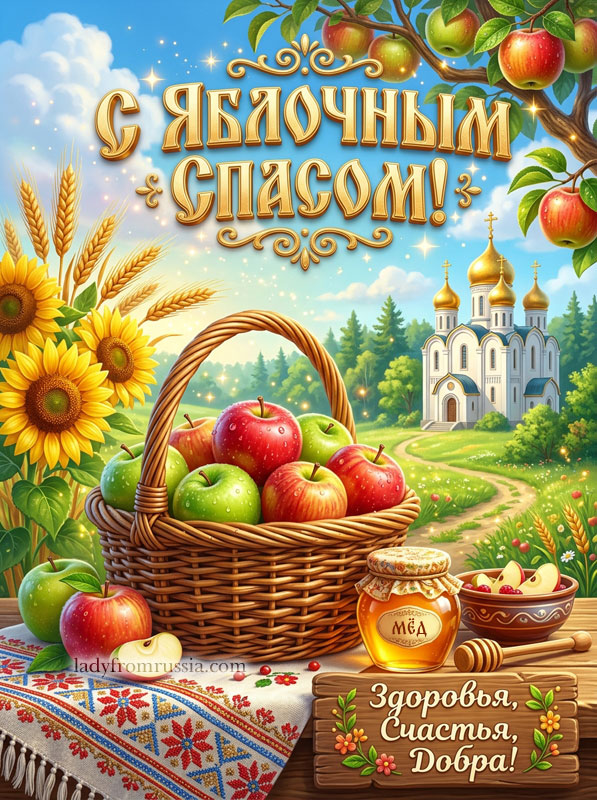 Картинка с Яблочным Спасом с пожеланием здоровья, счастья, добра, открытка с яблоками и медом