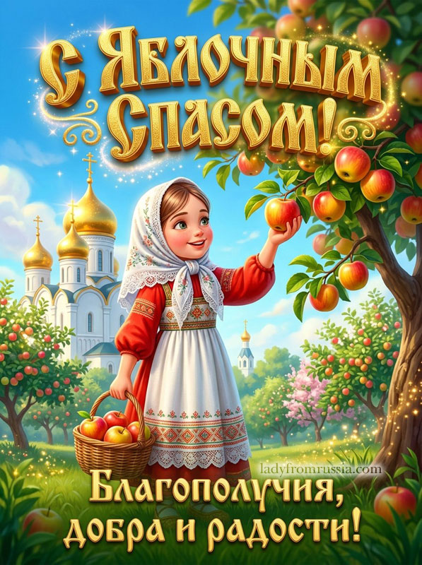 Картинка с Яблочным Спасом бесплатно, открытка с пожеланием благополучия, добра и радости