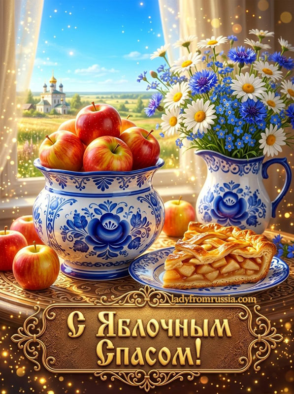 Скачать картинку с Яблочным Спасом, открытка с яблоками, кусочком яблочного пирога и букетом цветов