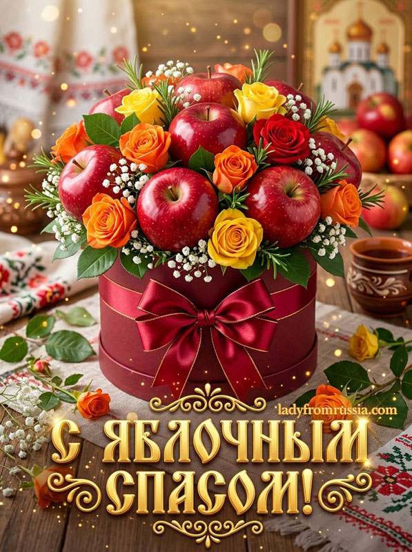 Картинка Яблочный Спас скачать бесплатно, открытка с коробкой и букетом из цветов и яблок