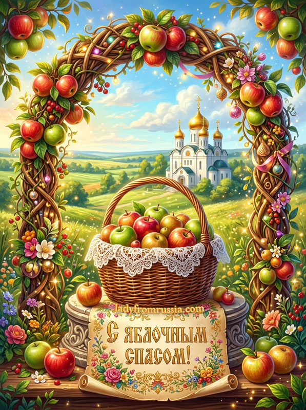 С Яблочным Спасом картинка красивая, открытка с корзиной яблок и яблочной аркой