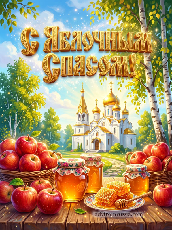 Яблочный спас картинка открытка православная, картинка с яблоками, медом и православным храмом