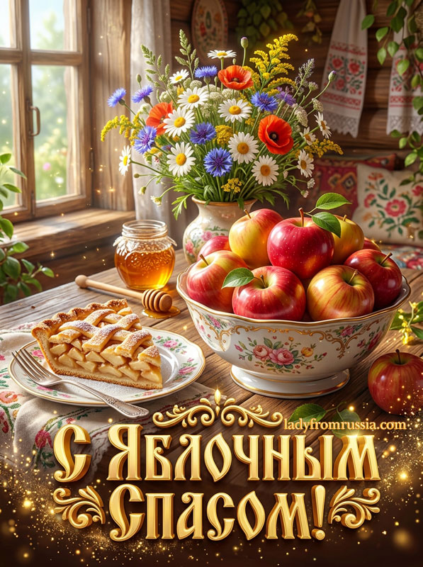 Открытка с днем Яблочного Спаса бесплатно, картинка с чашей яблок и ексочком пирога