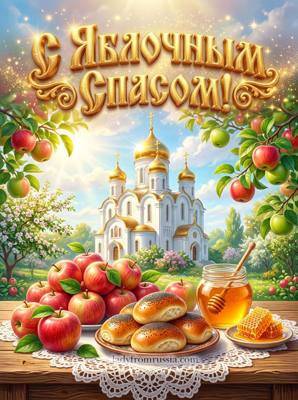 Поздравить с Яблочным Спасом открыткой, картинка с яблоками, медом и булочками