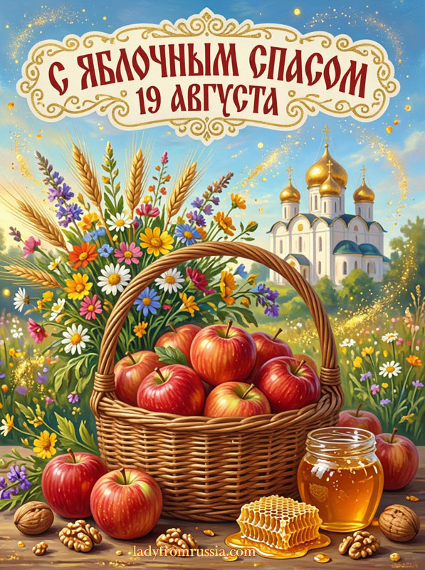 Открытка 19 августа Яблочный Спас, картинка с яблоками, медом и орехами
