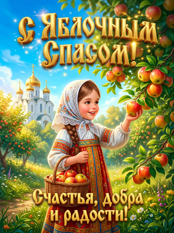 Картинка с Яблочным Спасом с надписями, открытка с пожеланием счастья, достатка и радости